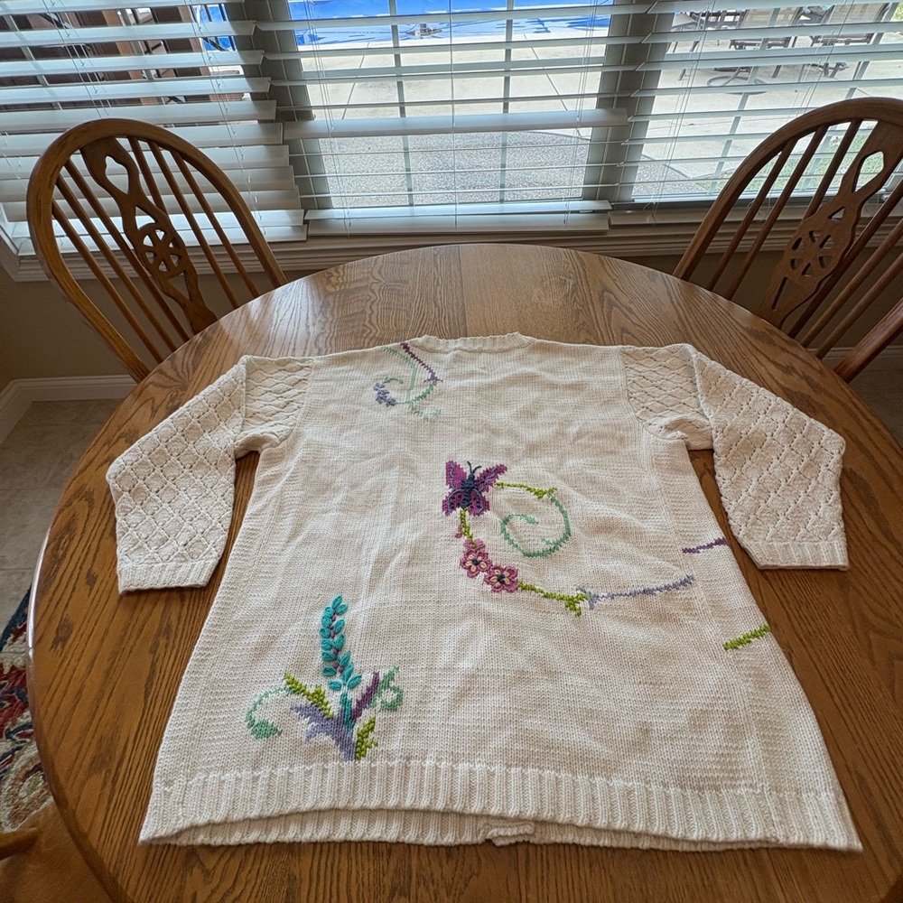 Storybook Knits Vintage Floral Butterfly Cardigan Crewel Embroidery Butterfly L - Picture 2 of 6